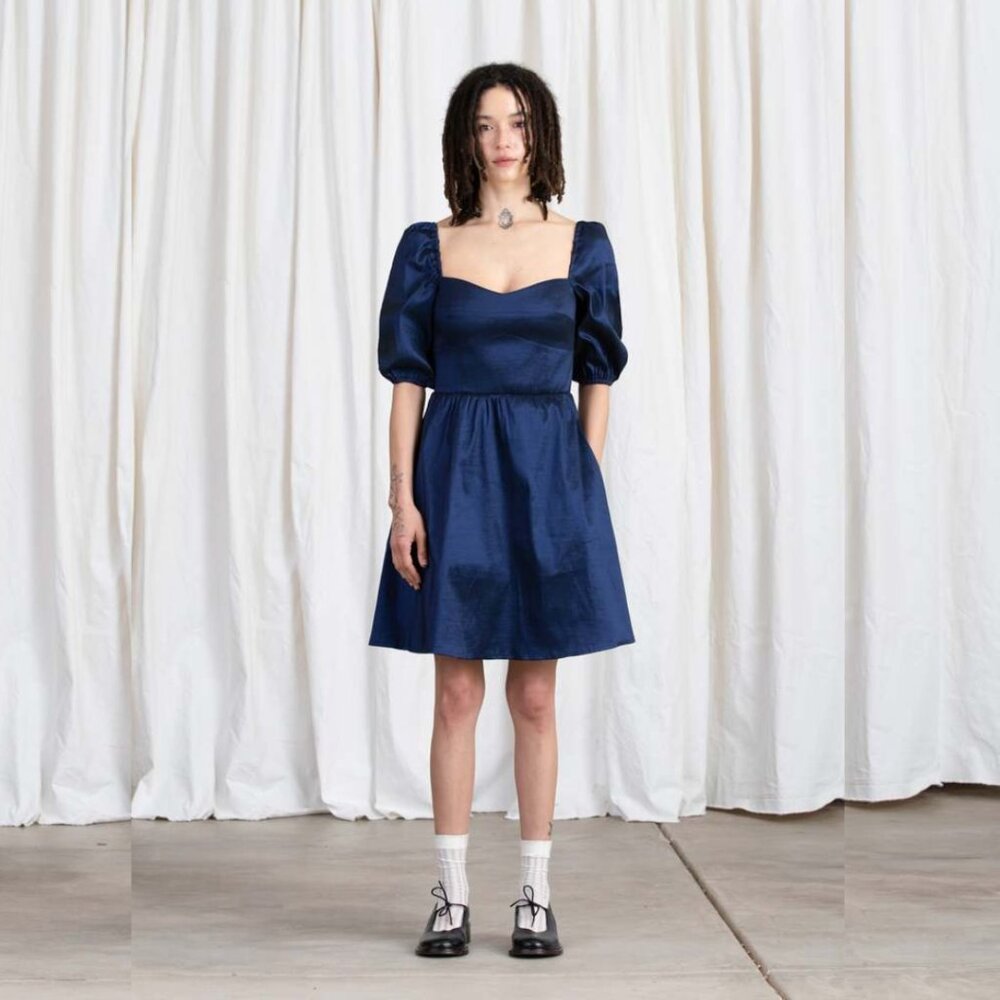 Ali Golden Navy Taffeta Sweetheart Mini Dress Cocktail Party Holiday Pockets‎